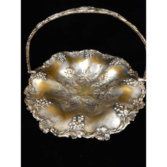 Antique Ornate Silver-Plated Pedestal Basket With Floral & Grapevine Design Scal - Picture 2 of 11